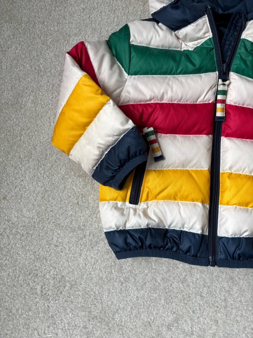 Hudson’s Bay Style Striped Toddler Puffer Jacket 12-24M Multicolor Hooded coat - Picture 2 of 12